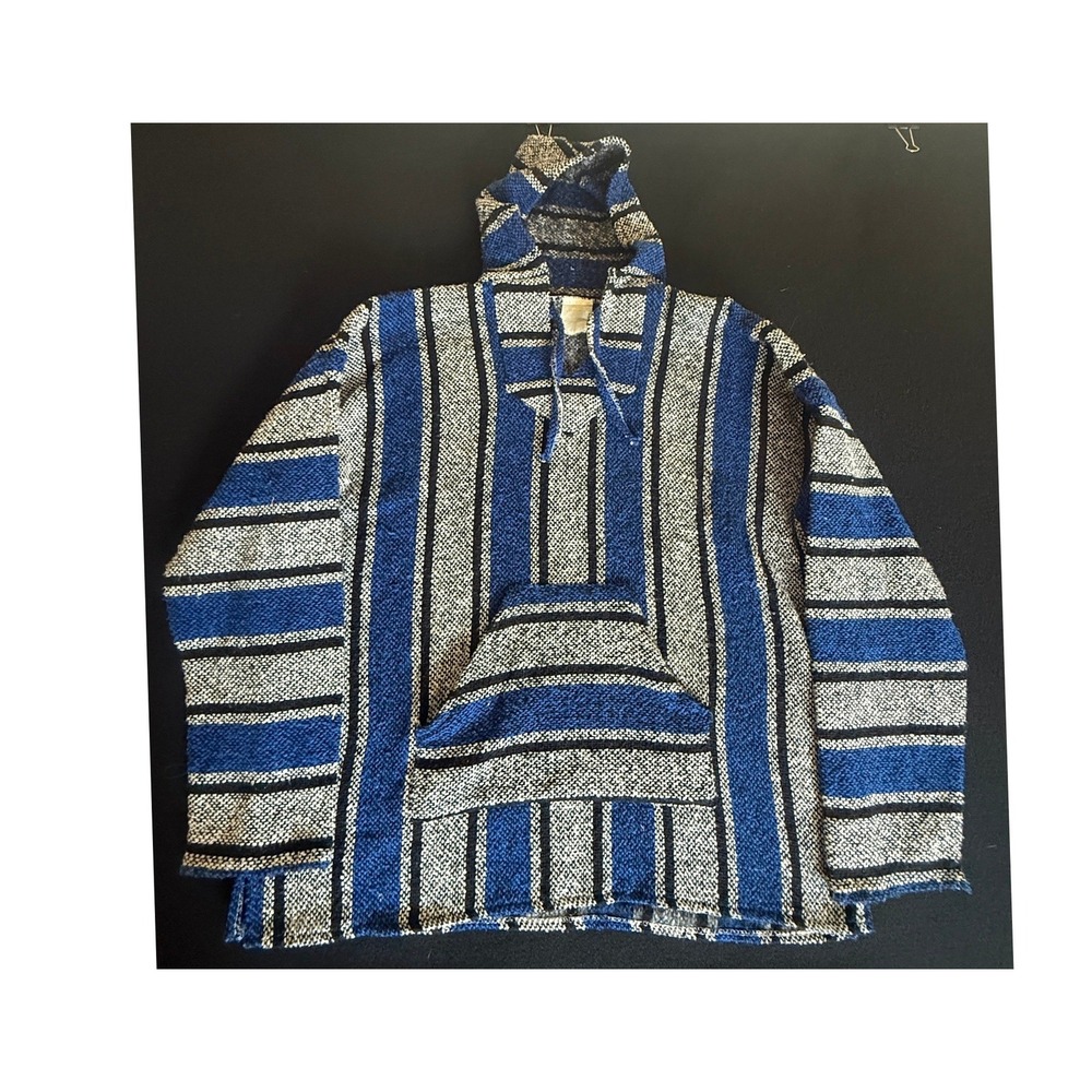 Unbranded Baja Hoodie Pullover Mens XL Blue Grey Striped Excellent Woven Poncho
